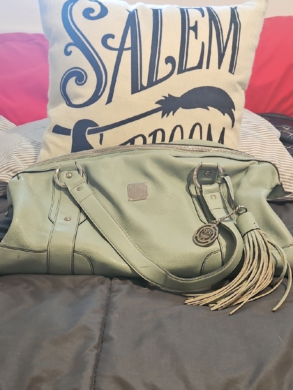 Authentic MCM Worldwide Tassel Leather Tote Shoulder Bag in Light Sage Green